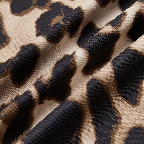 Commense Leopard Animal Printed Long Sleeve Open Back Tie Mini Short Dress - Picture 4 of 7